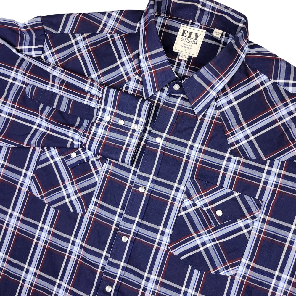 Ely Cattleman Western Shirt Mens XXLT Blue Plaid Pearl Snap Long Sleeve Tall